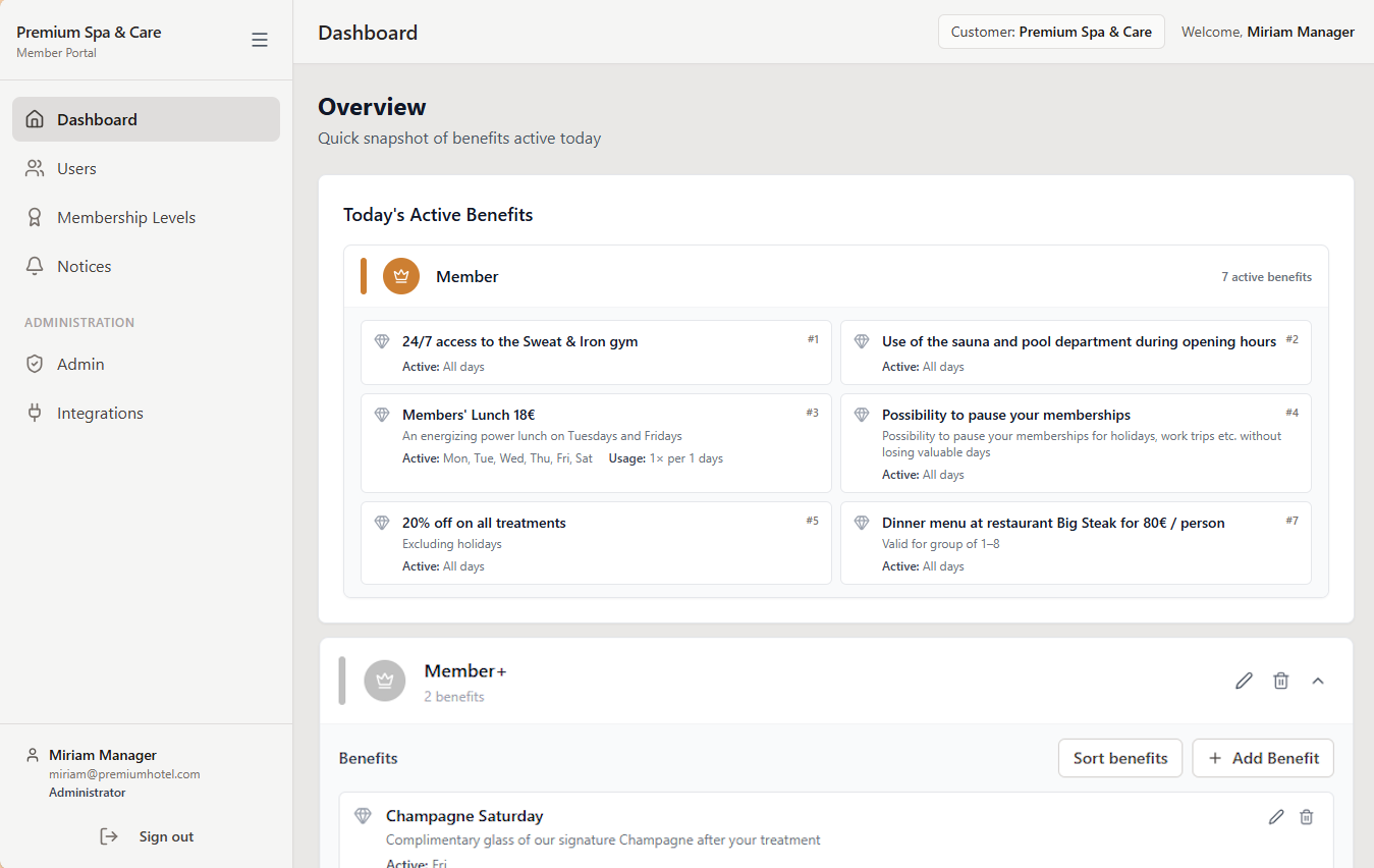 Management portal dashboard