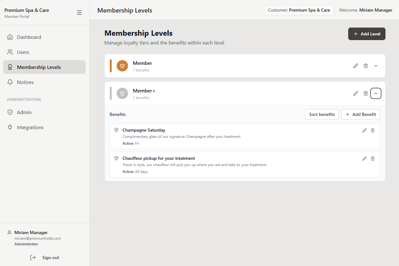 Management portal membership tiers and benefits